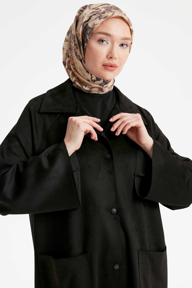 Trench en daim détaillée à manches de grande taille et fente appliquée avec poche