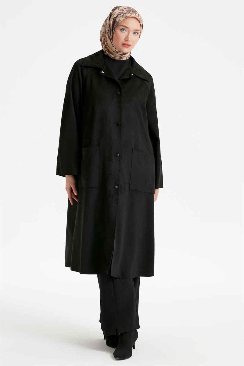 Trench en daim détaillée à manches de grande taille et fente appliquée avec poche