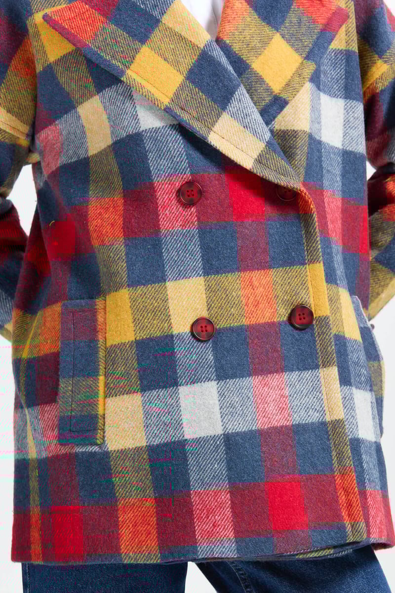 Manteau croisée en tissu Kasha épais à carreaux