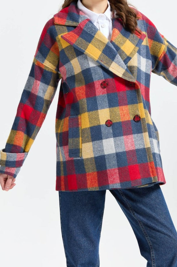 Manteau croisée en tissu Kasha épais à carreaux