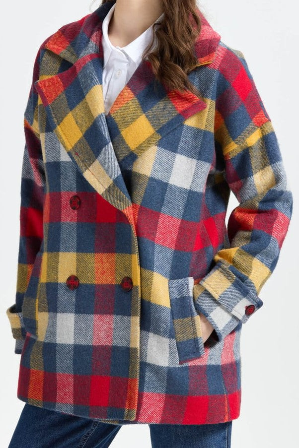 Manteau croisée en tissu Kasha épais à carreaux