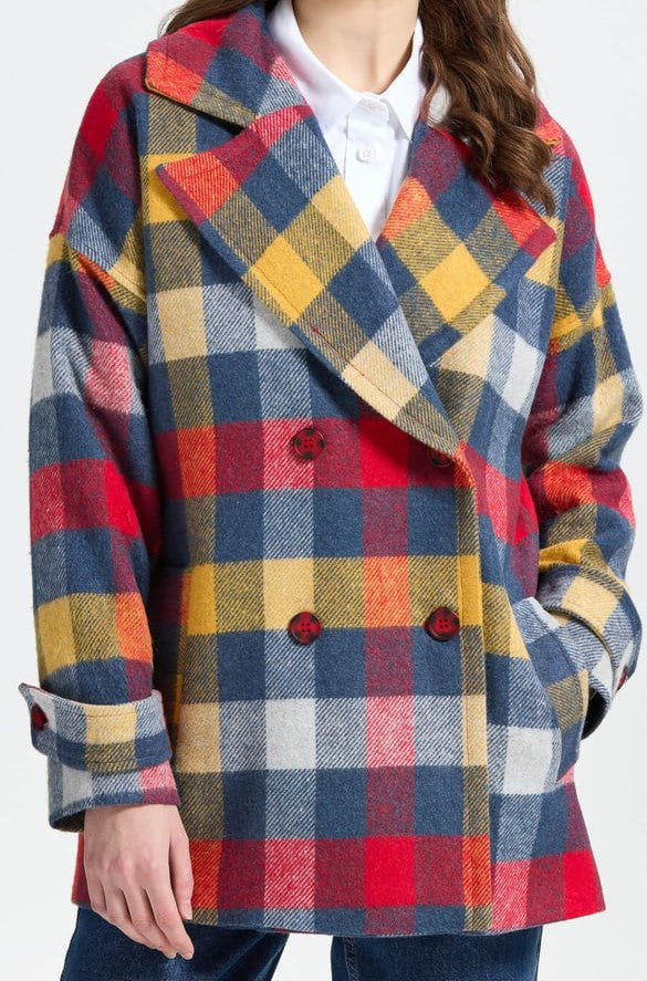 Manteau croisée en tissu Kasha épais à carreaux