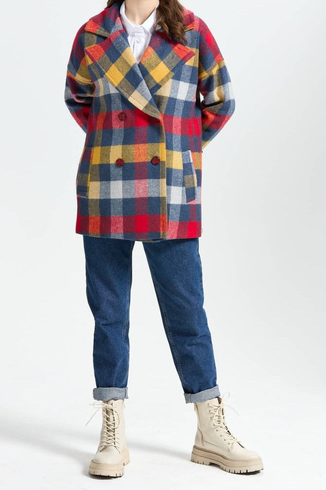 Manteau croisée en tissu Kasha épais à carreaux