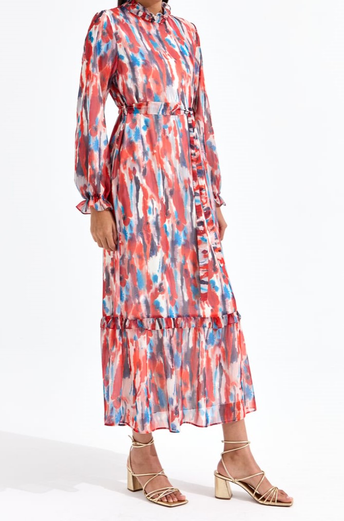 Robe Mousseline À Volants Rouge