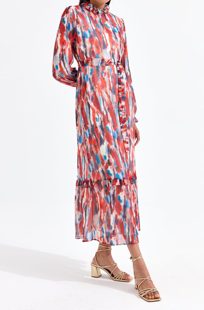 Robe Mousseline À Volants Rouge