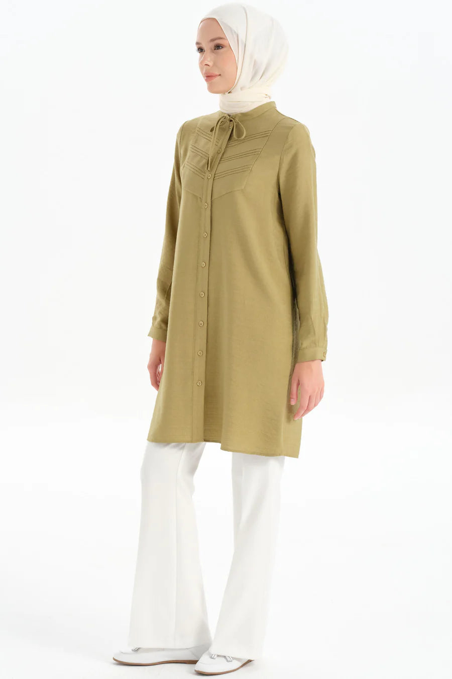 Tunique Côtelée Détaillée à Col à Lacets