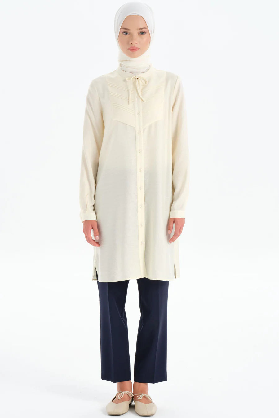 Tunique Côtelée Détaillée à Col à Lacets