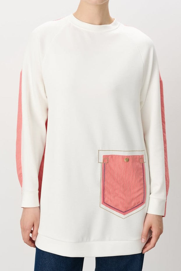 Sweat à rayures et broderies détaillées corail