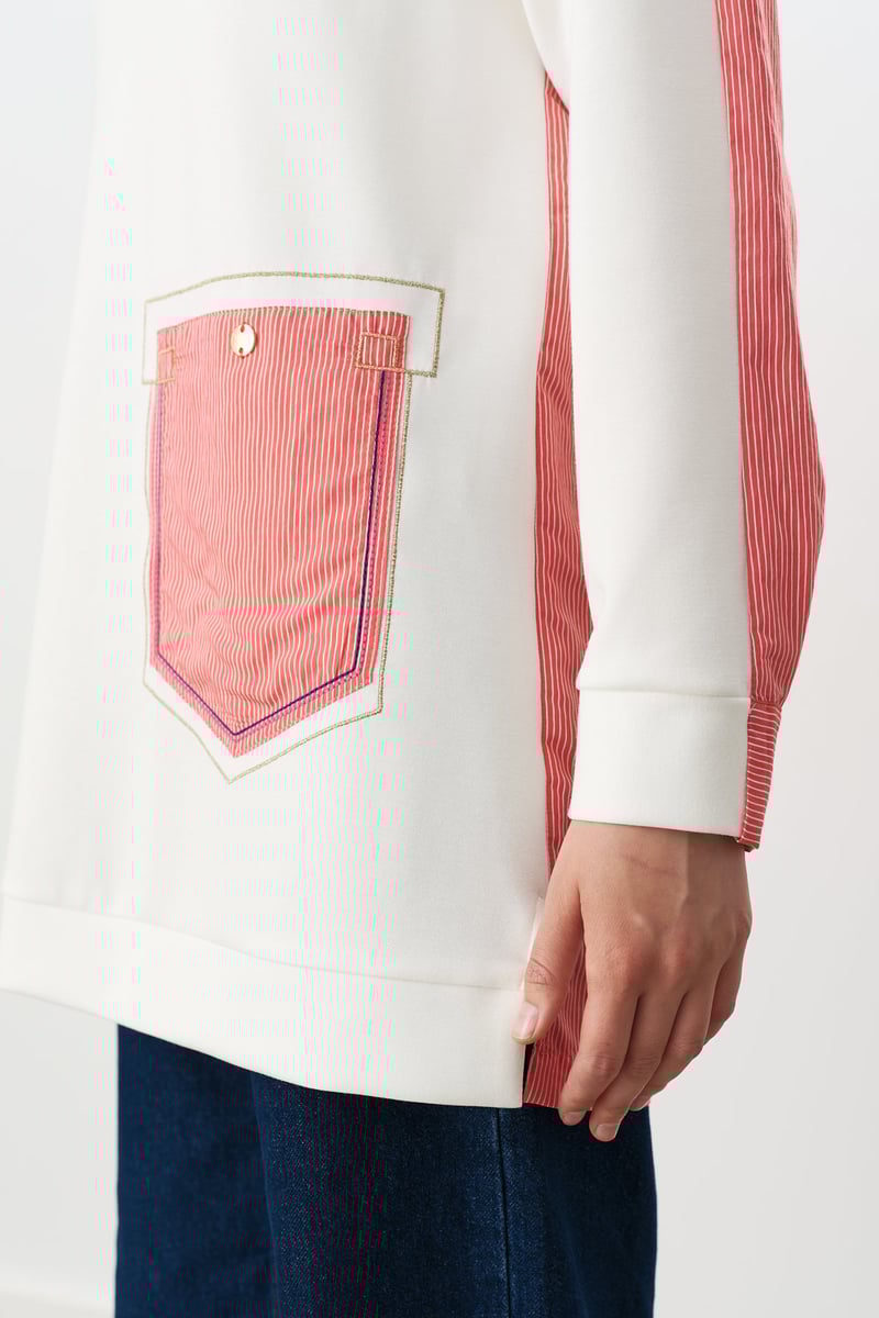 Sweat à rayures et broderies détaillées corail