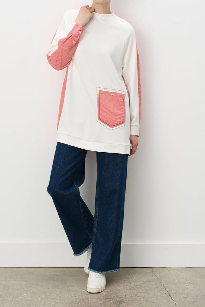 Sweat à rayures et broderies détaillées corail