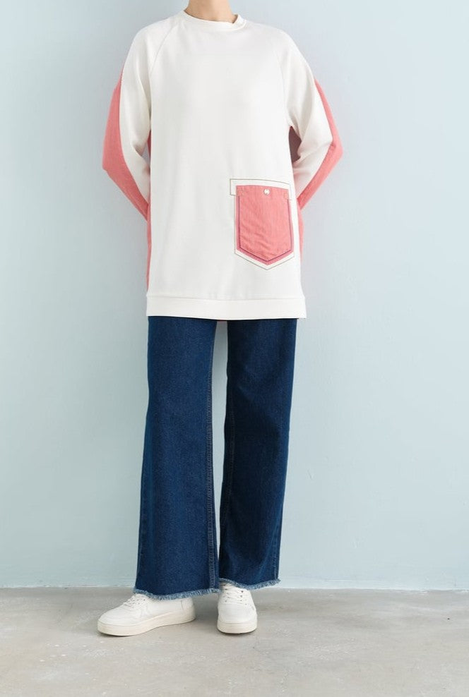 Sweat à rayures et broderies détaillées corail
