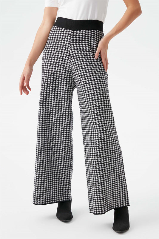 pantalon noir blanc en laine large avec motif