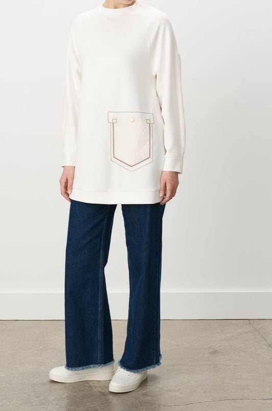 Sweat  à rayures et broderies détaillées corail